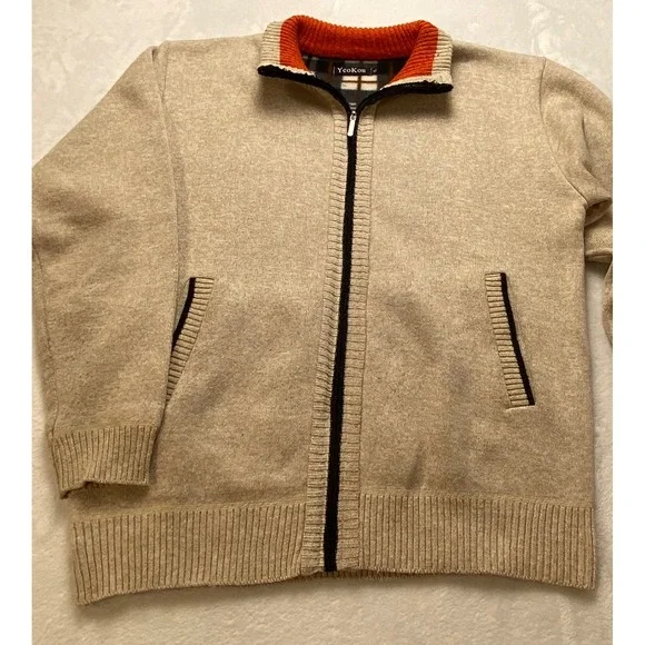 YeoKou Mens Cashmere Wool Blend Full Zip Fleece Lined Sweater SWG-0035 XL Tan